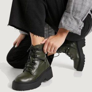 RAID Jackson Dark Olive Green Lace-up / Zipper Heavy Tread Ankle Boots - 38